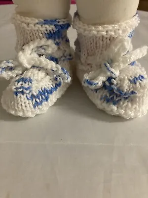 New Hand Knitted Baby Booties In White And Blue 0-3 Months • £0.99