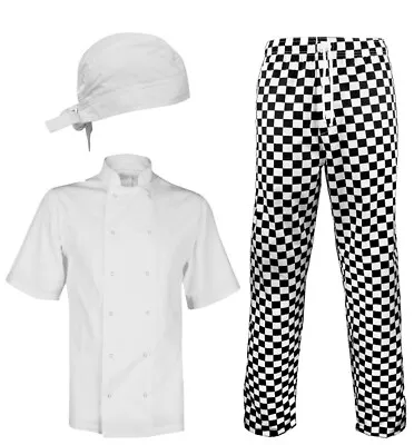 Chef Uniform Trouser Jacket & Bandana Hat Food Service Working Kitchen Cooking • £7.98