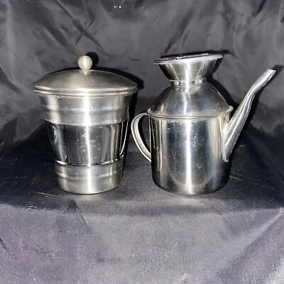 Vintage MCM Stainless Steel Sugar Bowl With Lid Ribbed Design & Milk Can Creamer • £14.34