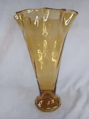 Vintage Mid Century Italian Ruffled Amber Glass Vase • $29.99