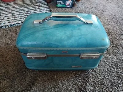 Vintage American Tourister Blue Marble Makeup Train Case Luggage Makeup W Keys • $52