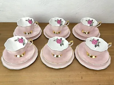 6 Vintage Mayfair China Tea Cup Trios Pink Gilt Gold Rim Cabbage Rose • £59.90