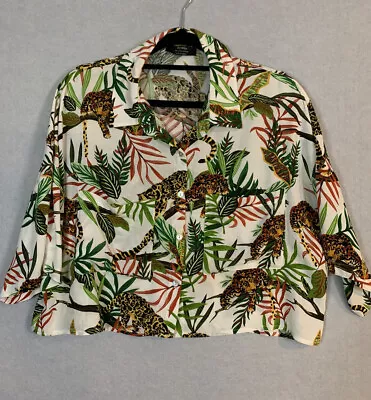 $17.20 • Buy Bershka Size L Leopards Multicolour Print Cropped Button Up Shirt Pockets Casual
