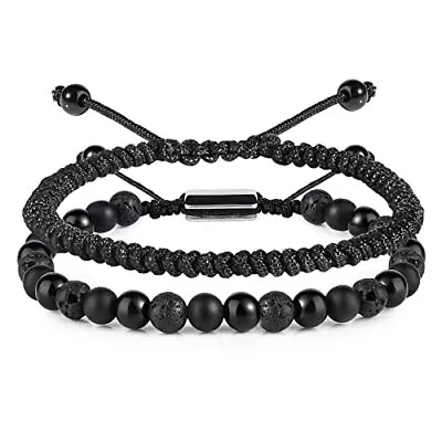 Black Beaded Bracelets For Men Boys - 6mm Obsidian Onyx Lava Beads Mens Brace... • $19.68