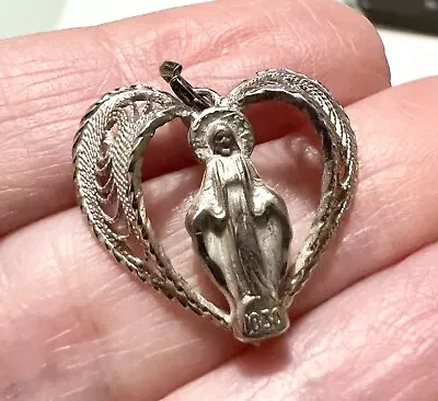 Vintage Sterling Silver Filigree Heart Shaped MARY MIRACULOUS Medal Pendant • $24.99