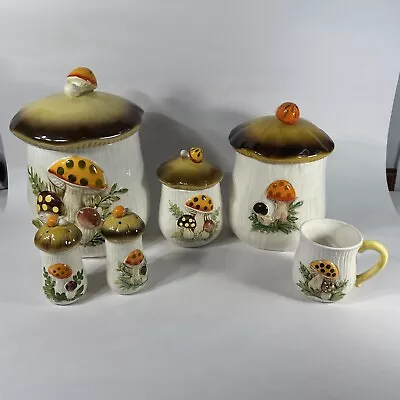 Vintage Merry Mushroom Set 3 Canisters 1096.5 In One Mug Two Shakers • $125