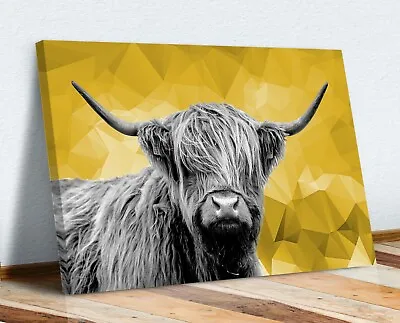 £12.99 • Buy Highland Cow Black And White Yellow Geo Back Canvas Wall Art Print Artwork