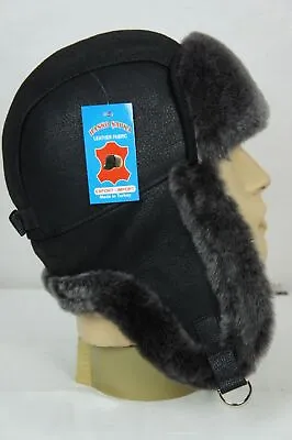 BLACK Real Sheepskin Shearling Leather Hunting Winter Ushanka Trapper Hat S-3XL • $44.10