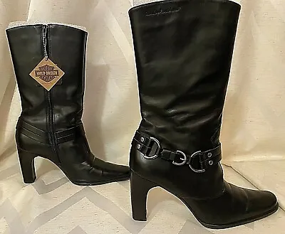 $99.99 • Buy Harley Davidson Womens 8.5M Black Leather Boot Mid Calf 3.5  Heel Mint Condition