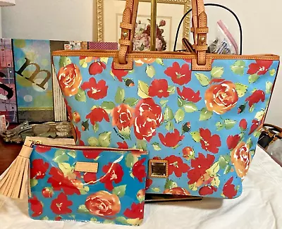 Dooney Bourke Set! Blue Red Floral Rose Garden Large Tote & Makeup Bag Clutch • $186.15