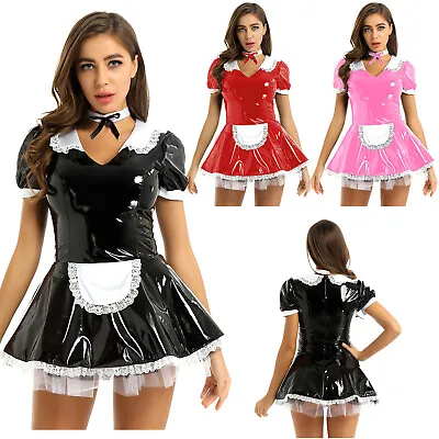 US Womens Wet Look PVC Leather French Apron Maid Fancy Dress UP Costume Outfits • $8.09