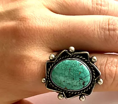 Vintage Native American Turquoise Rope Ring Sterling Silver 925 Size 9.25 • $195