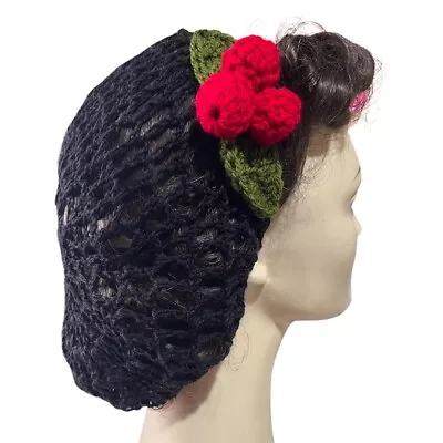 1940s Black Hair Snood Hairnet Christmas Hair Accessory Red Berries Vintage • £16