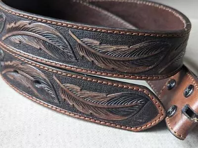 Vintage ARIAT Buckle Belt 36 Western TOOLED Brown Leather COWBOY Leaves • $59.95