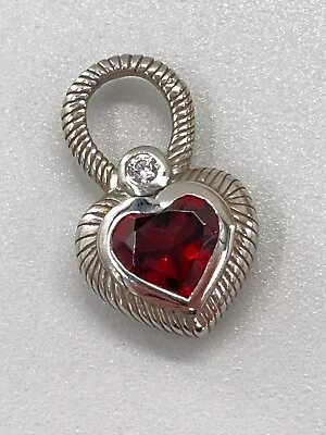 Judith Ripka Sterling Silver Red Garnet Heart Charm Cubic Zirconia Stone Pendant • $42.49