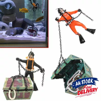 Aquarium Diver Hunter For Fish Tank Air Action AU  Treasure Chest Ornament • $16.59