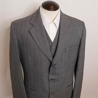 VINTAGE Mens Blazer Vest Suit Coat 2pc Gray Herringbone Purple Stripes 70s Retro • $31.97