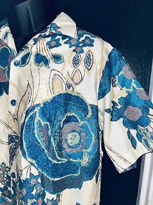 1960s REYN SPOONER Pre-Archive Starburst Man Label Turquoise Floral Shirt-Large • $499.95