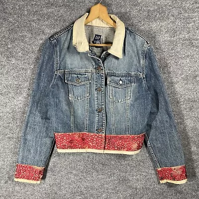 VINTAGE Gap Denim Silk Jacket Womens Large Embroidered Silk Trim Floral 90s USA • $24.48