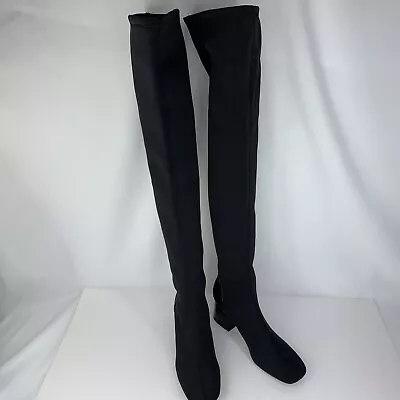 Zara Over The Knee Thigh High Sock Boots Black Size 7.5 NWT Stretchy Square Toe • $49.99
