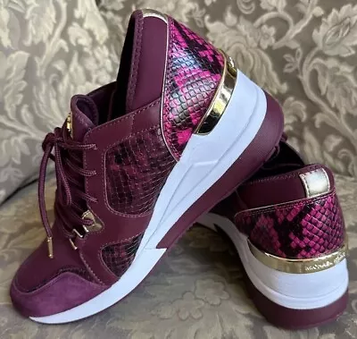 Michael Kors LIV Trainer Snake Print Burgundy Wedge Sneakers Women Sz 9.5 M • $49.99