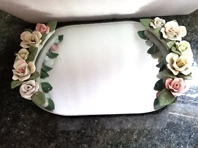 Vintage Vanity Tray With Porcelain Pink & White Roses Around Glass Mirror. • $38