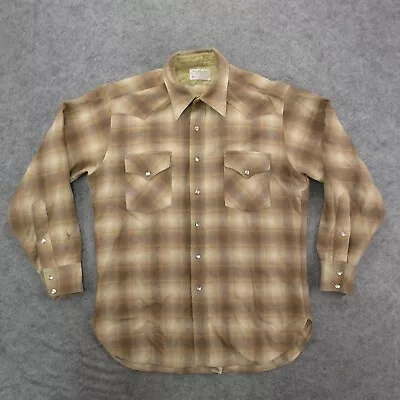 Pendleton Flannel Shirt Men's L Brown Paid Long Sleeve Virgin Wool Pearl Snap * • $29.98