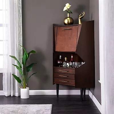 Larson Corner Bar Cabinet Midcentury Modern Dark Tobacco Corner Storage Cabinet • £275