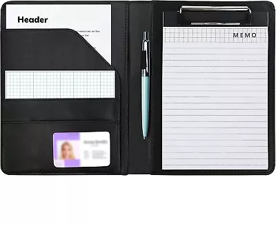 A5 Black Faux Leather Conference Folder With Clipboard & Memo Writing Pad • £13.49