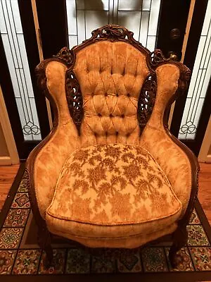 Antique French Louis XV Rococo Hand Carved Velvet Wing Back Chair • $1250