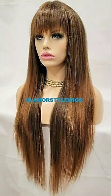 39   Full Wig Extra Long Wavy Layered With Bangs Brown Auburn Mix Heat Ok Nwt • $59.95
