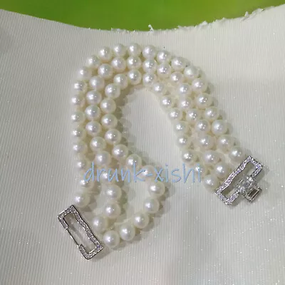 Vintage Akoya 3 Strand Real Pearl Bracelet Hand-Knotted 925 Sterling Silver • $70