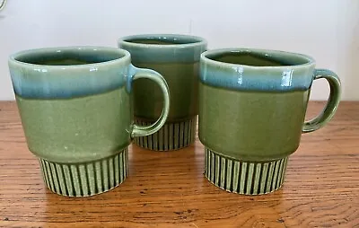 Vintage Retro Stackable Coffee Mugs Drip Glaze Green X 3 • $35