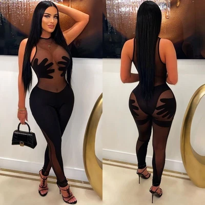 £29 • Buy Women's Black Mesh Splicing Sleeveless Sexy Tight Jumpsuit Size Uk 12