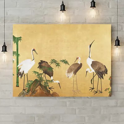 Japanese Cranes With Bamboo Vintage Wall Art - Canvas Rolled Wall Art Print • £12.79