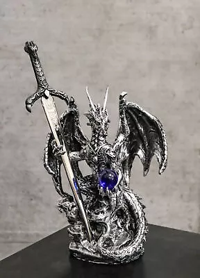 Legendary Silver Dragon Carrying Orb And Excalibur Sword Letter Opener Figurine • $20.99