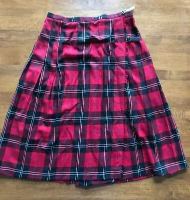 Talbots Fringe Kilt Wrap Skirt Black Red Wool Plaid Buckles Women’s Size 16 • $49.99