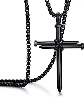 Men's Stainless Steel Nail Cross Pendant Necklace With 24In Chain Polished Black • $6.99