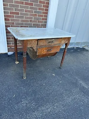 Enamel Top Possum Table Kitchen Two Drawer Rustic Farm Baker Rough 40.5x24x29” • $550