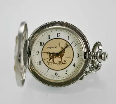 Majestron Men Pocket Watch Elk Silver Gold Flip Fob Water Res White Beige Quartz • $24.67