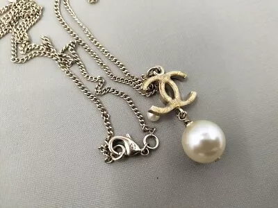 CHANEL Vintage Coco Mark Pearl Necklace Pendant Silver Used From Japan • $492