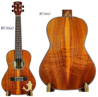 $180 • Buy Alulu Solid Curly PQ Acacia Koa Tenor Ukulele, Fish Wood Marquetry, BU860