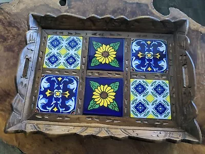 Vintage Mexican Hand Carved Tray With Tiles  19  X 14  • $58.90