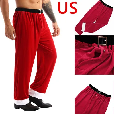 US Mens Red Long Pants Low Waist Trousers Santa Claus Cosplay Christmas Costumes • $25.47