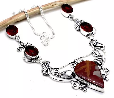 925 Sterling Silver Noreena Jasper & Garnet Gemstone Jewelry Necklace Size-17-18 • $19.99