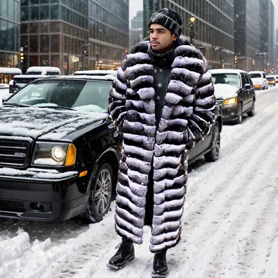 Mens Chinchilla Full Length Overcoat Winter Warm Real Rex Rabbit Fur Lapel Coats • $809.62