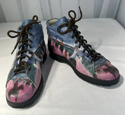 Indian Native American Graphic Print Short Boots Leather Women Sz 9M USA • $40