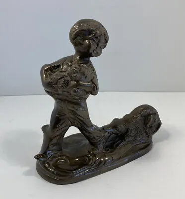 Vintage Bronze Statue 7 Inch Boy With Dog Tugging • $69.99