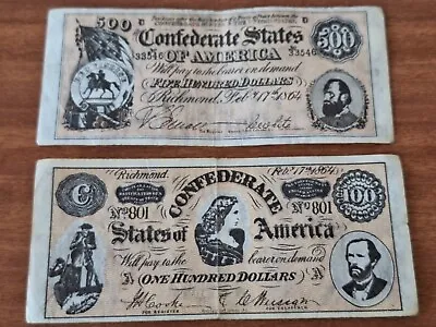 Civil War A&BC Gum Confederate Dollars 1960s 100 & 500  • £3.50