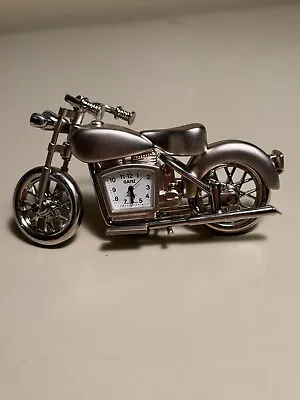 Miniature Ganz Quartz Motor Cycle Harley Style Desk Clock Vintage Silver Matte • $14.99